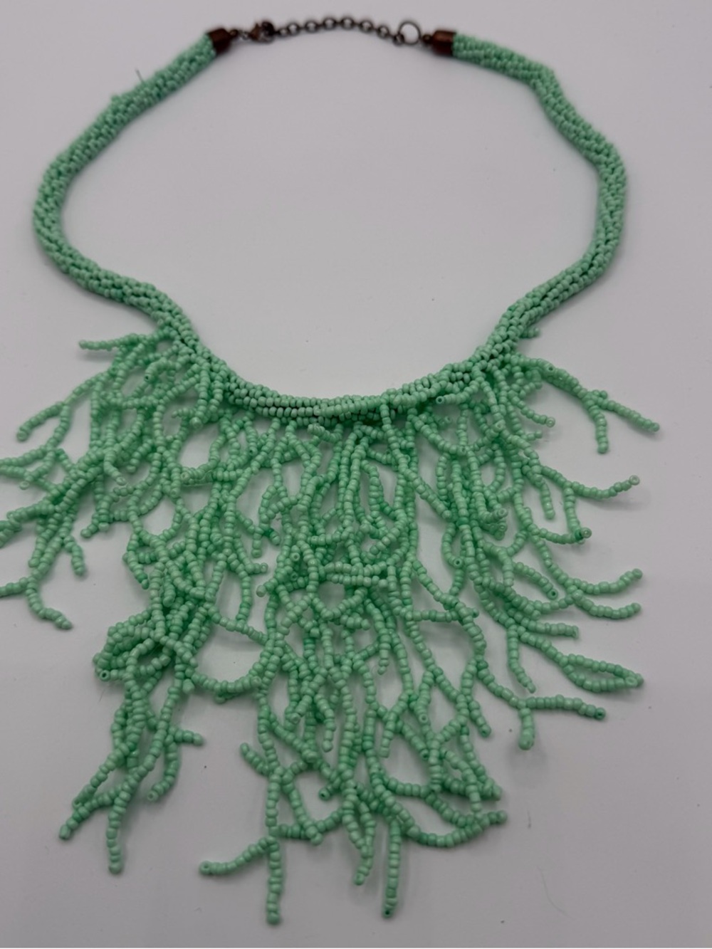 Mint Green Seed Bead Fringe Statement Necklace Boho Festival Bib Collar
